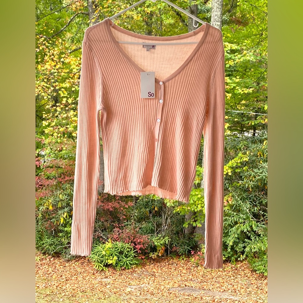 SO Women’s Cropped Cardigan Acrylic Ribbed Sweater Long Sleeve Size Large - Picture 3 of 15